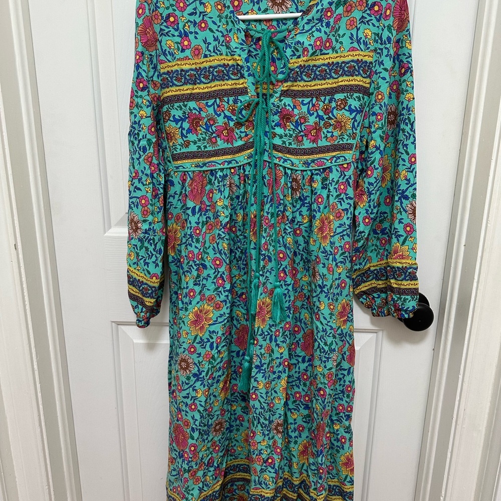 0107‎ R. Vivimos Turquoise Floral Maxi Dress with Tassel Tie size XS